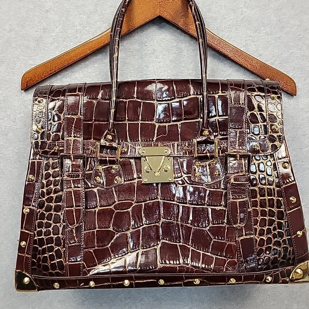 Vintage NORDSTROM Large Croco Embossed Leather Purse Hand Bag‎ Wine Gold Studded